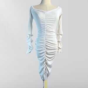 Blush Mark Off White Ruched Front Ribbed Long Sleeve Bodycon Dress